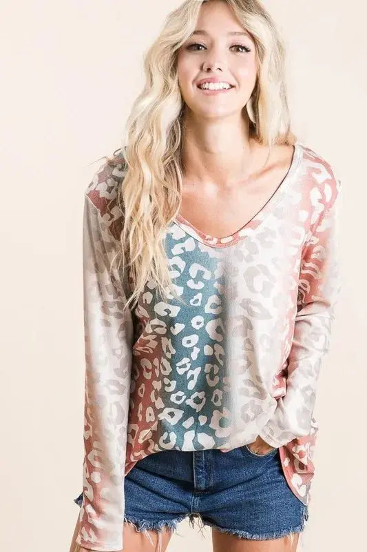 BiBi Gradation Leopard Print Textured Knit Top - Love Salve